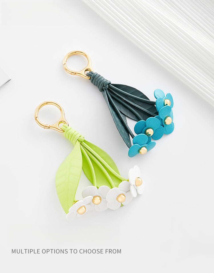 Leather Flower Bag Charm – Petal Cluster with Leaves, Gold Keyring