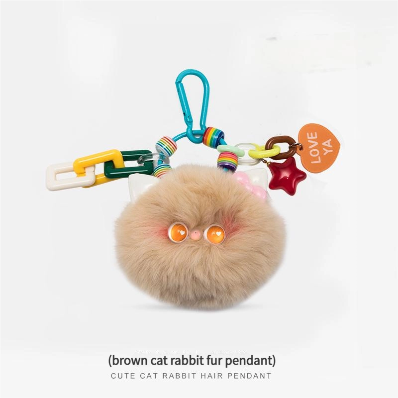 Fluffy Cat Pom Bag Charm – Plush Keychain with Colorful Chain