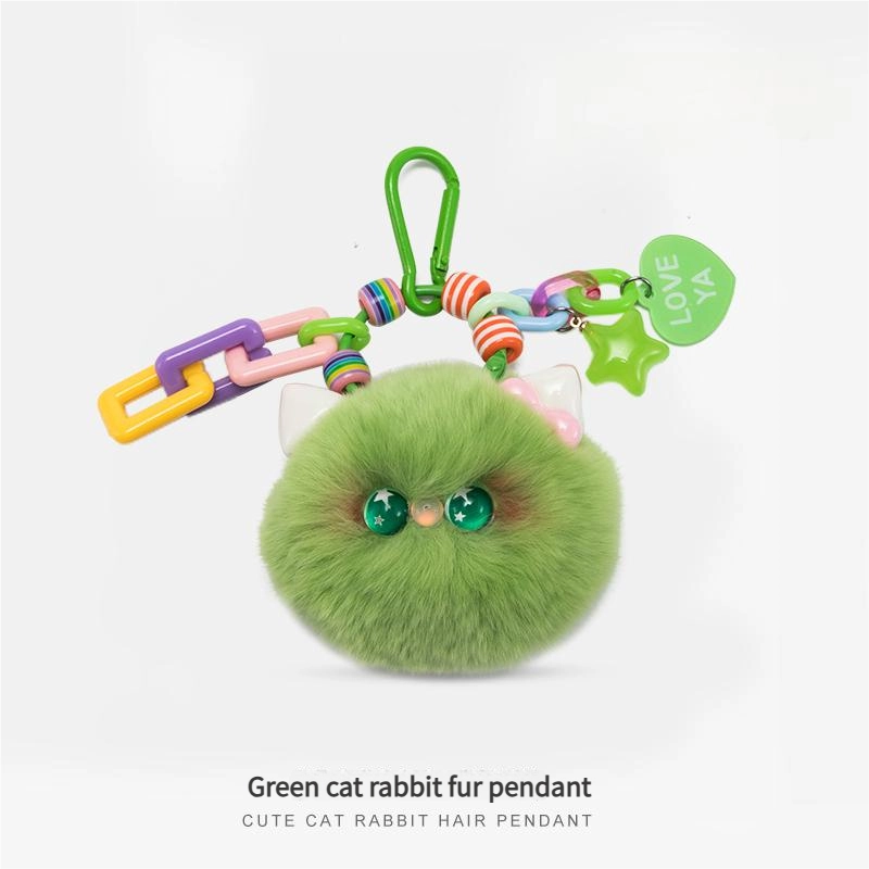 Fluffy Cat Pom Bag Charm – Plush Keychain with Colorful Chain