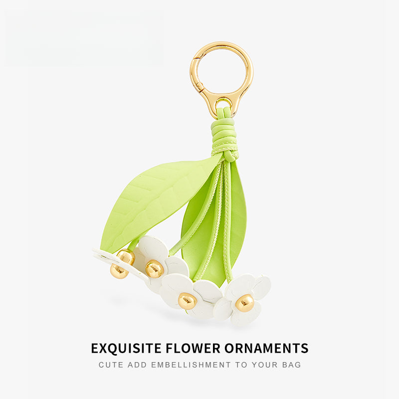 Leather Flower Bag Charm – Petal Cluster with Leaves, Gold Keyring