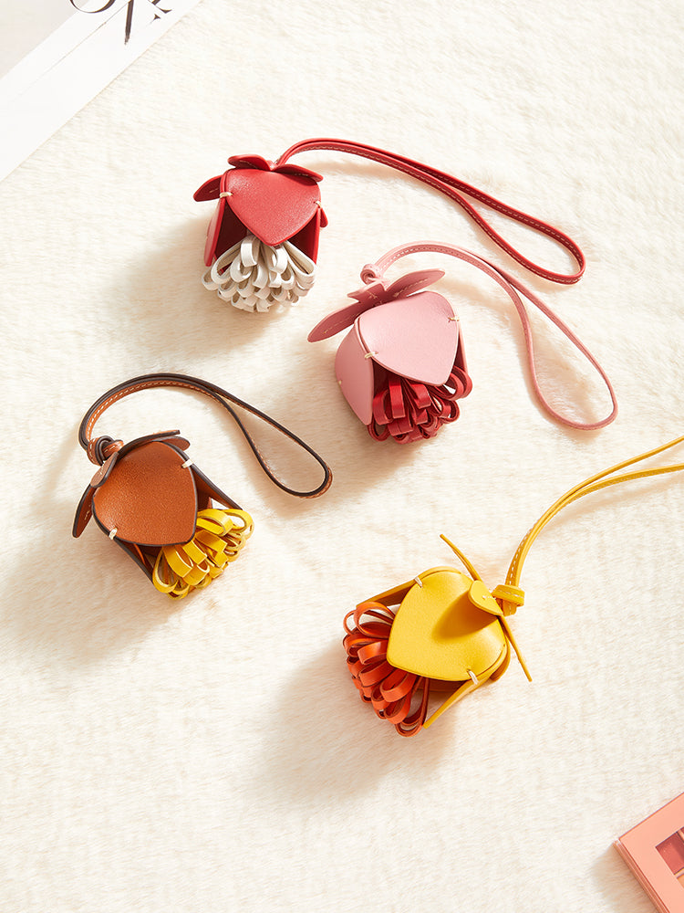 Leather Flower Bag Charm – Handcrafted Petal Tassel