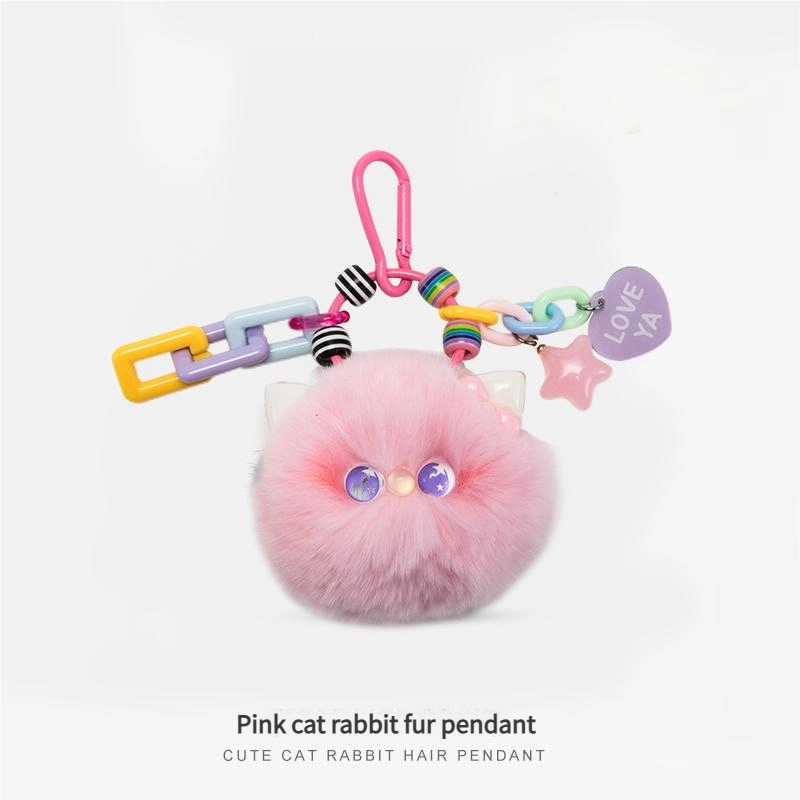 Fluffy Cat Pom Bag Charm – Plush Keychain with Colorful Chain