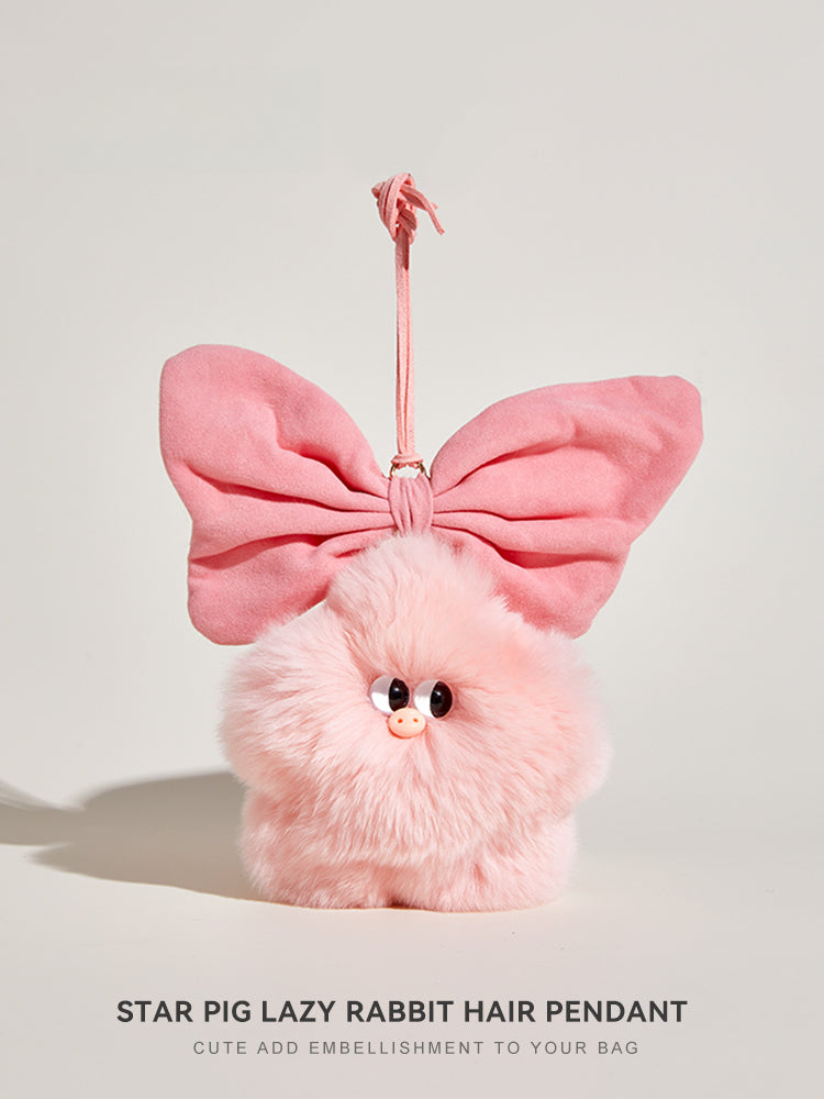 Plush Star Pig Bag Charm – Fluffy Pom with Oversized Bow