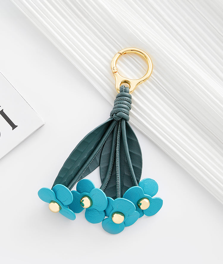 Leather Flower Bag Charm – Petal Cluster with Leaves, Gold Keyring