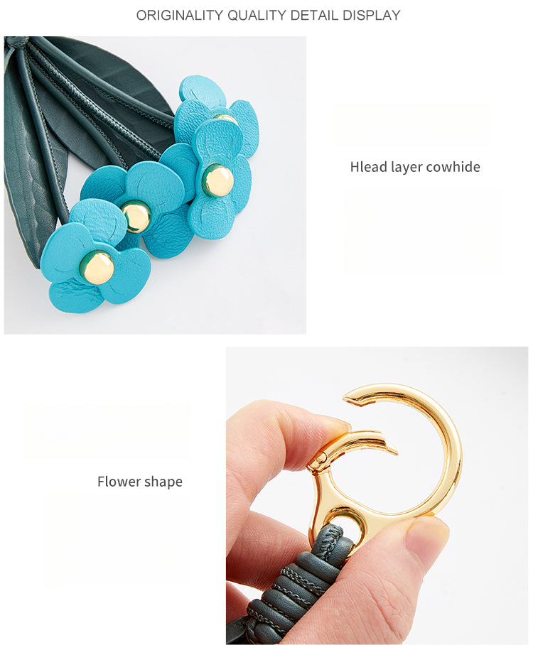Leather Flower Bag Charm – Petal Cluster with Leaves, Gold Keyring