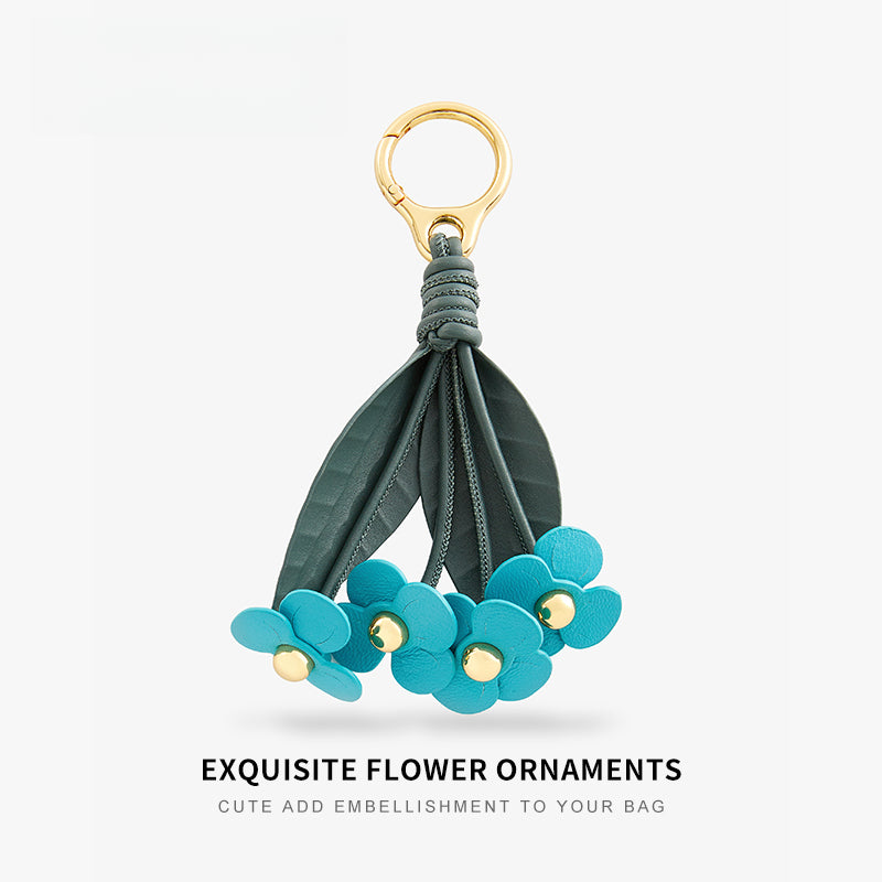 Leather Flower Bag Charm – Petal Cluster with Leaves, Gold Keyring