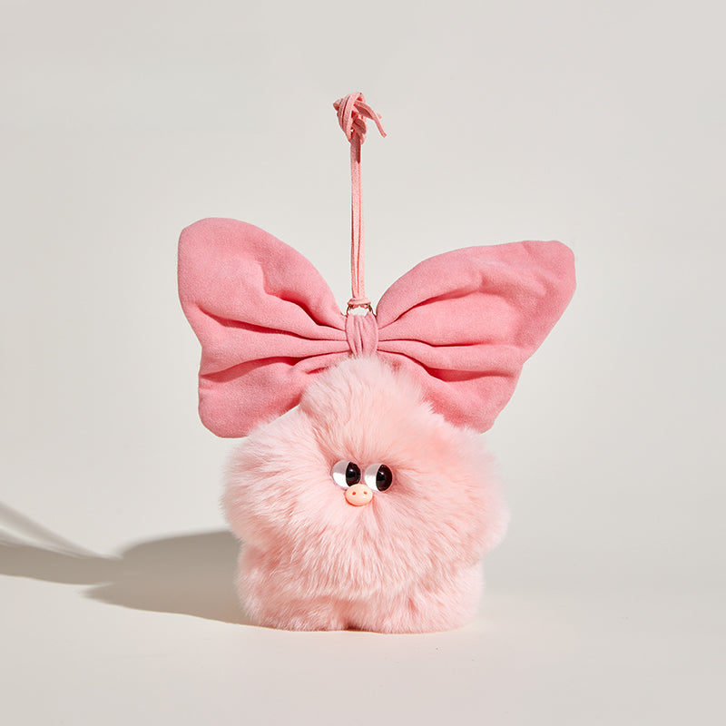 Plush Star Pig Bag Charm – Fluffy Pom with Oversized Bow