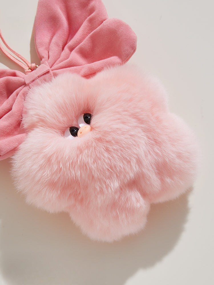 Plush Star Pig Bag Charm – Fluffy Pom with Oversized Bow