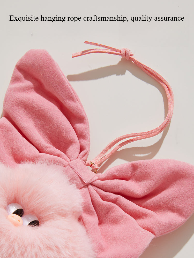 Plush Star Pig Bag Charm – Fluffy Pom with Oversized Bow