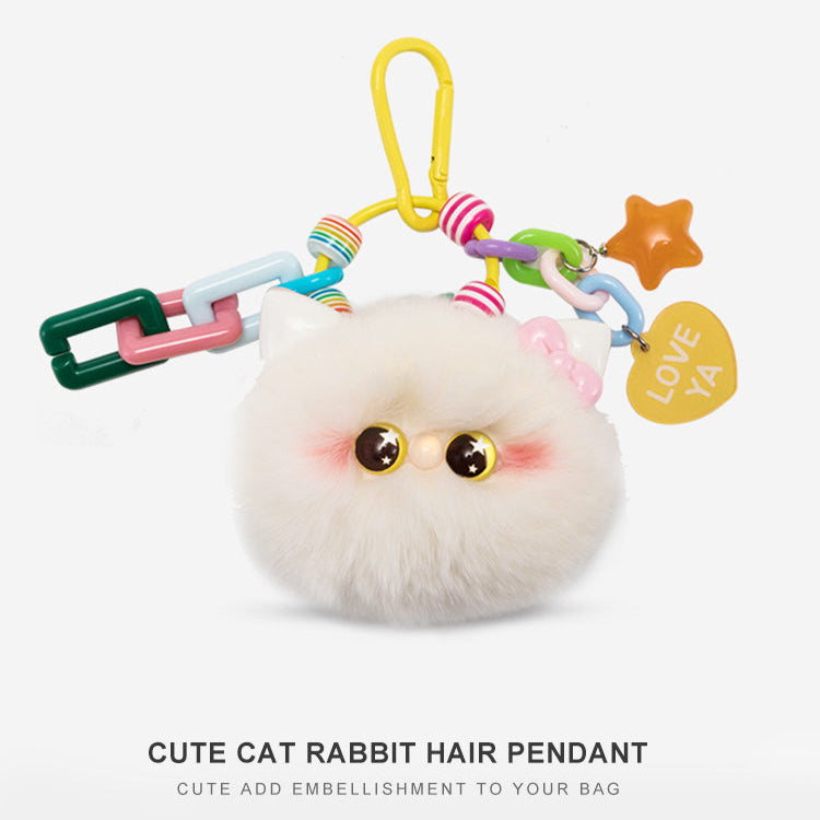 Fluffy Cat Pom Bag Charm – Plush Keychain with Colorful Chain
