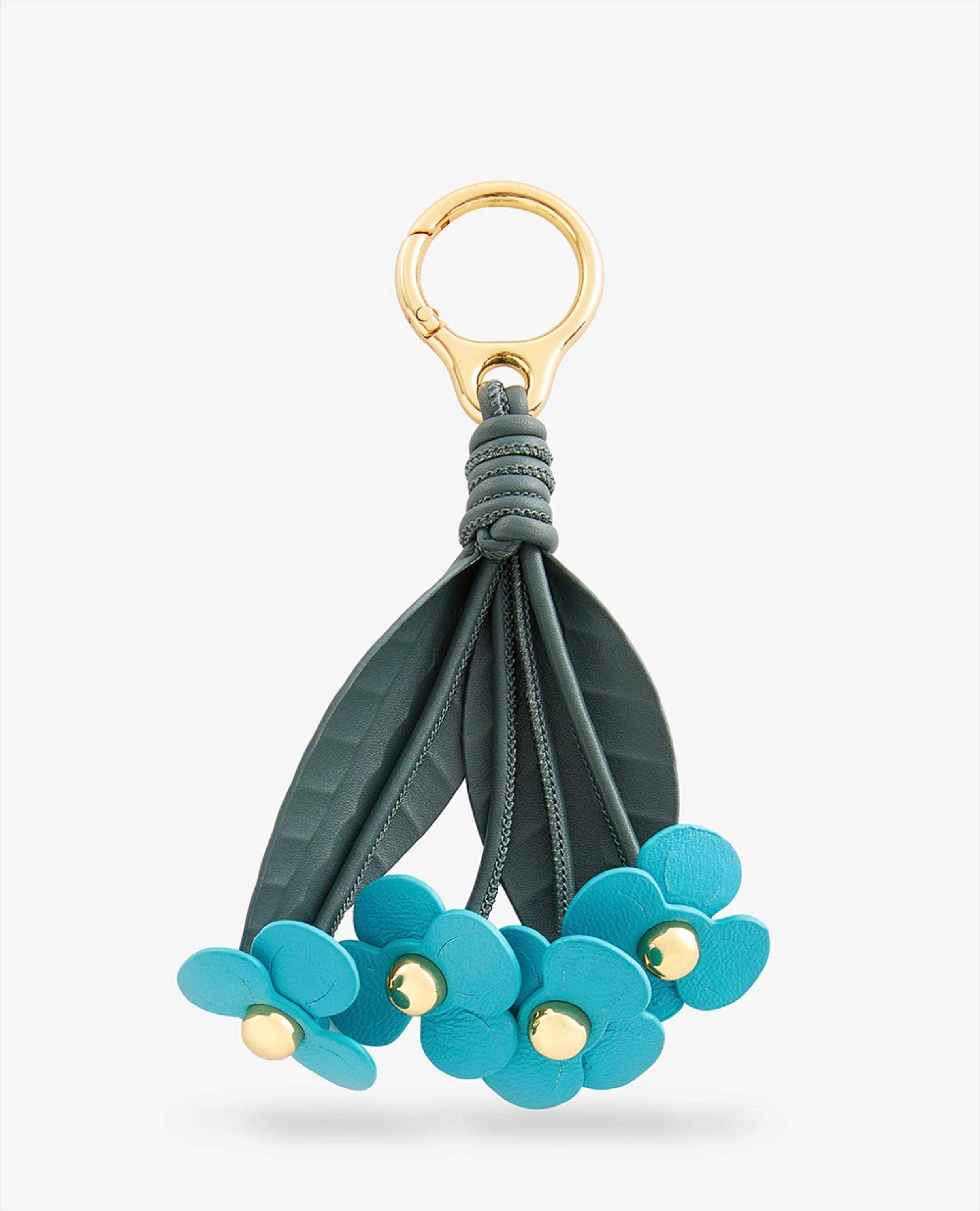 Leather Flower Bag Charm – Petal Cluster with Leaves, Gold Keyring